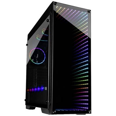 Schwarzes Computergehäuse mit RGB-LED-Beleuchtung auf der Vorderseite und an den Lüftern auf der Seite.