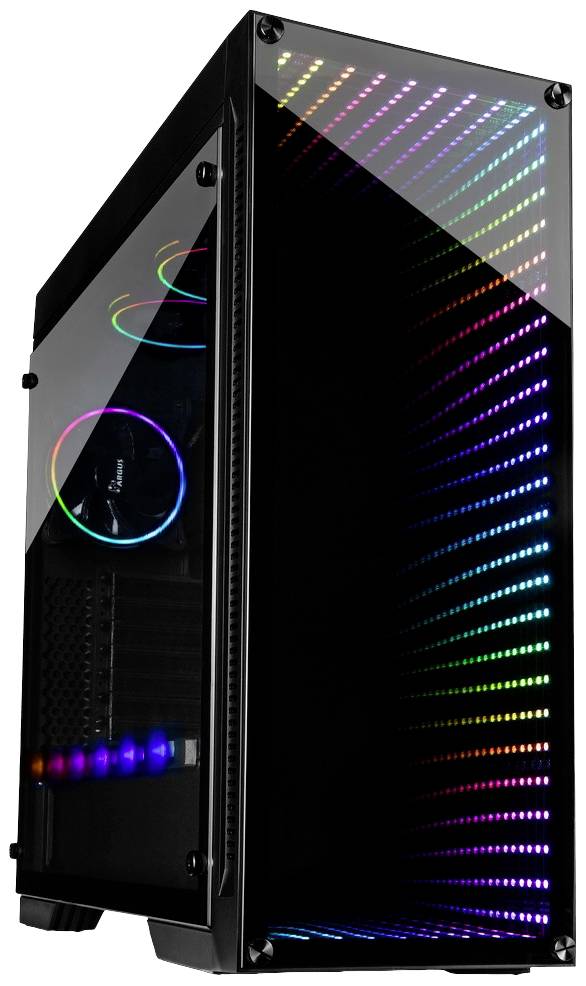 Schwarzes PC-Gehäuse mit Glasfront und seitlichem Fenster. LED-Lichter in verschiedenen Farben bilden ein leuchtendes Muster. 