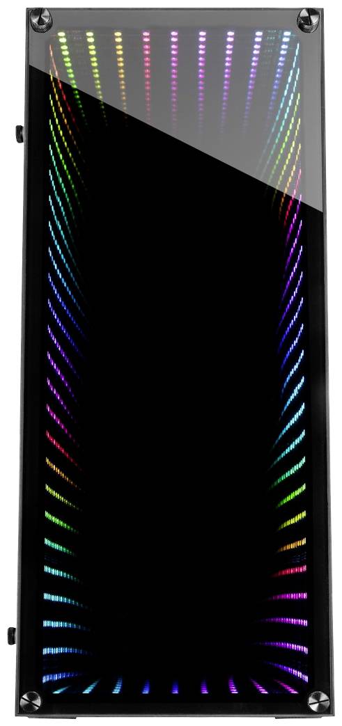 Ein rechteckiges Gehäuse mit Glaspanel zeigt bunte LED-Lichter in einem Tunnel-Effekt, die in die Tiefe zu führen scheinen.