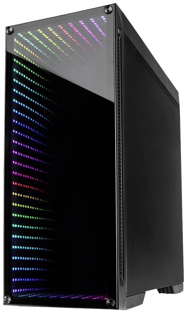 Schwarzes Computergehäuse mit reflektierender Glasfront. Bunte LED-Lichter leuchten im Inneren, erzeugen eine optische Täuschung von Tiefe.