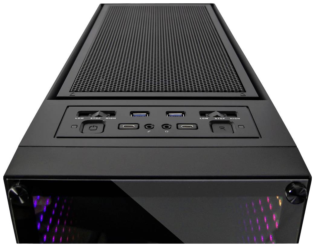 Schwarzes Computergehäuse mit Lüftungsgitter oben und mehreren USB-Anschlüssen sowie Betriebs- und Reset-Tasten an der Front.