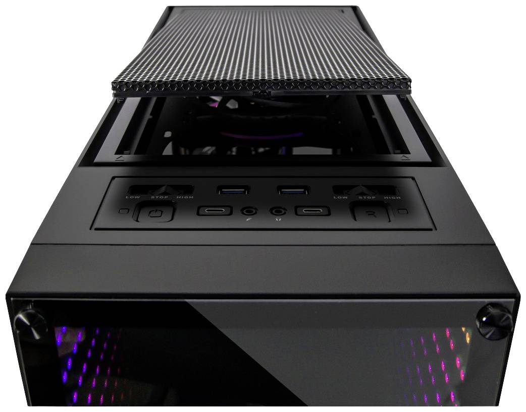 Computergehäuse mit abgenommenem Deckel, zeigt Lüftersteuerung, USB-Ports und stylische LED-Beleuchtung an der Vorderseite.