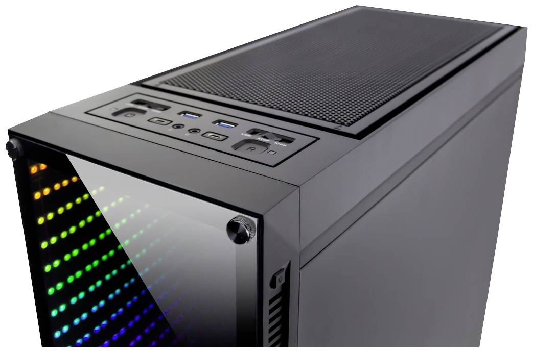 Schwarzes Computergehäuse mit RGB-beleuchteter Frontverkleidung. Oben USB-Anschlüsse und Power-Tasten erkennbar.