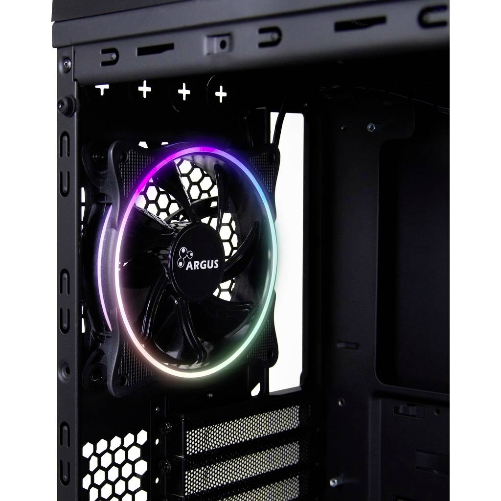 Ein Computergehäuse mit einem eingebauten Lüfter, der beleuchtet ist und 'Argus' zeigt. Der Lüfter hat einen RGB-LED-Ring.