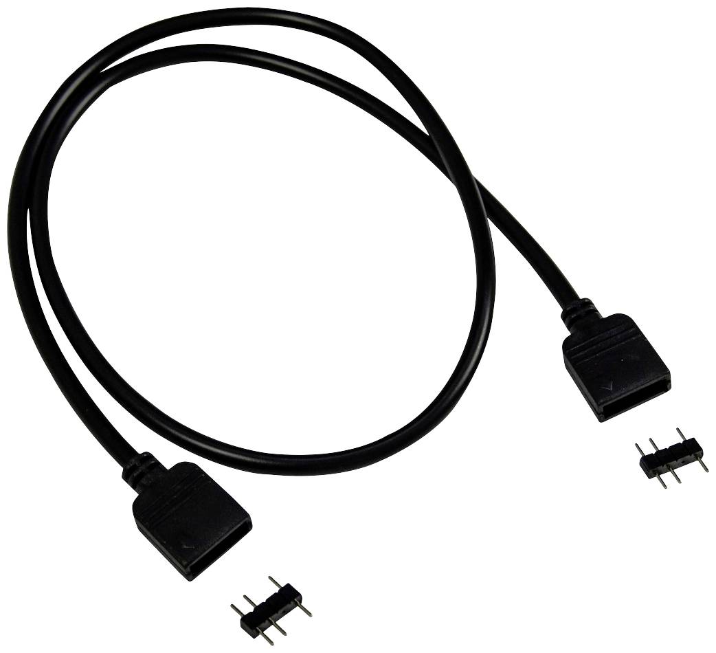 Schwarzes Kabel mit zwei Steckverbindungen an den Enden und zwei kleinen, losen Stiftleisten, vermutlich zur Verbindung von Hardware.
