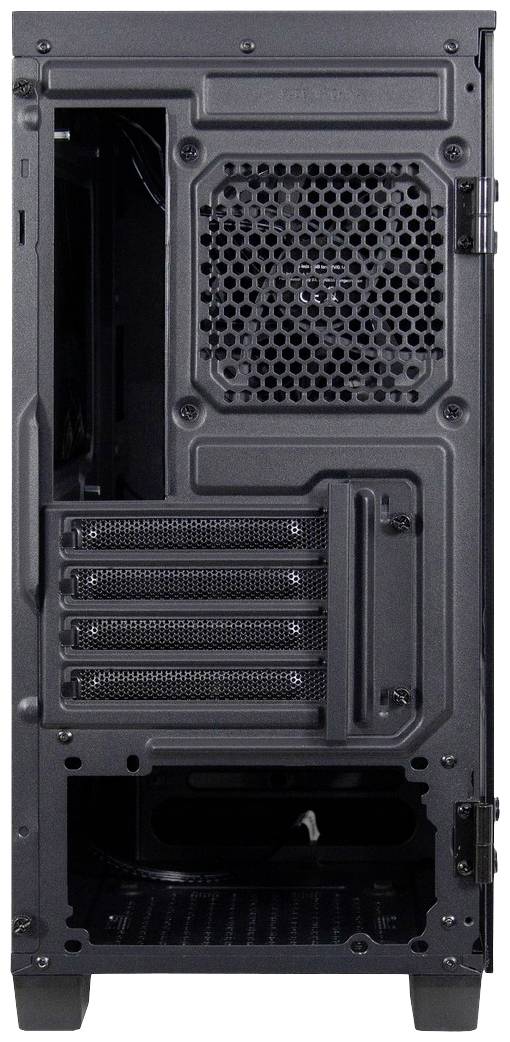 Schwarzes Computergehäuse von hinten mit Lüftergitter oben und vier horizontalen Erweiterungsschlitzen darunter.