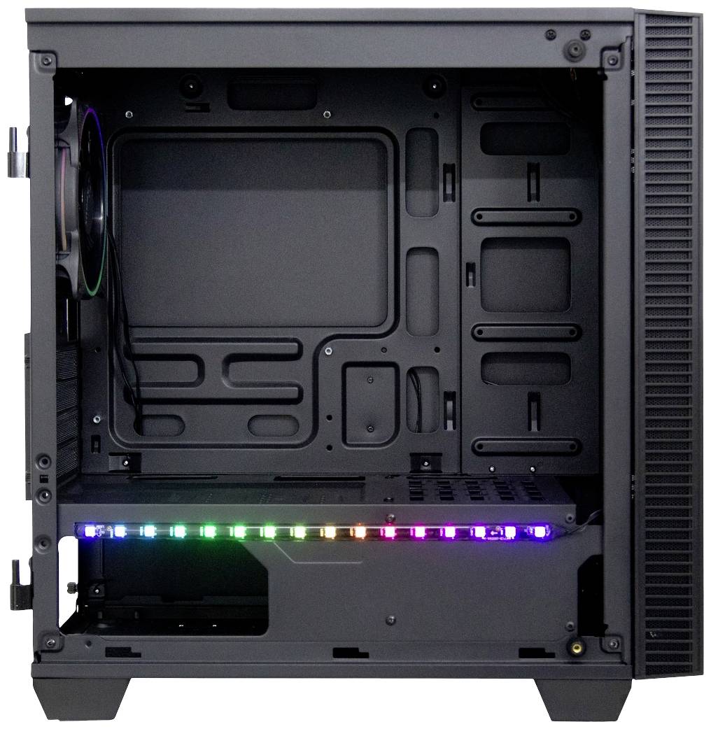 Leeres Computergehäuse mit RGB-Beleuchtung unten, offenes Seitenpanel, bietet Platz für Mainboard, Lüfter und weitere Komponenten.
