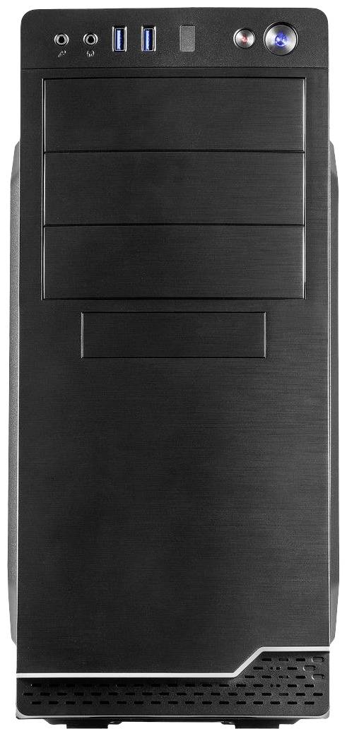 Schwarzes Computergehäuse mit USB-Anschlüssen und Audio-Eingängen an der Front.