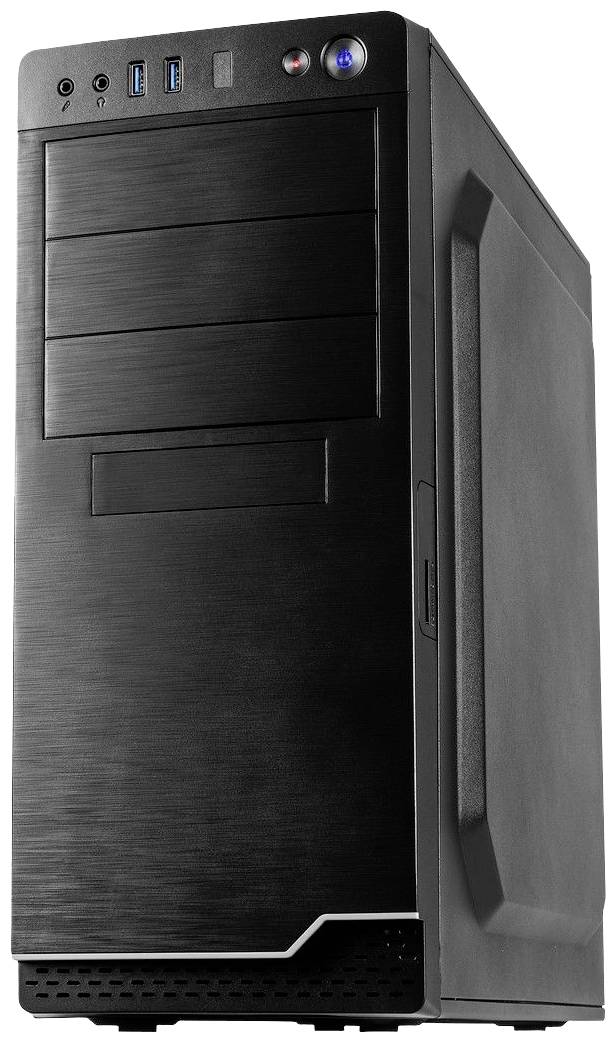 Ein schwarzes Computergehäuse mit mehreren USB-Anschlüssen und Schaltern an der Vorderseite.