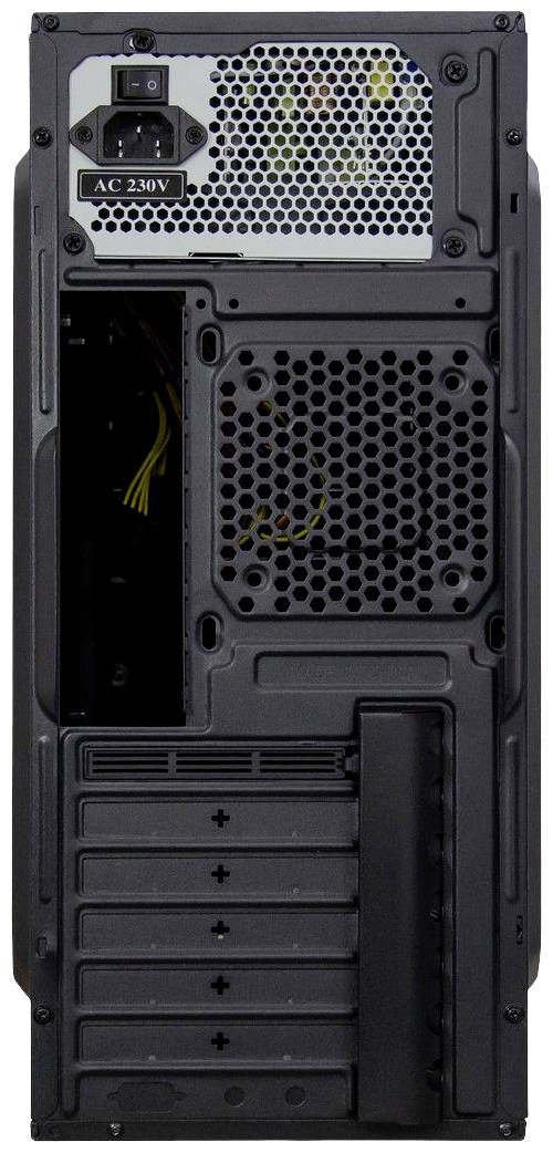 'Rückseite eines Computergehäuses mit Lüftungsgittern, Steckplätzen und Stromanschluss, geeignet für Desktop-Komponenteninstallation.'