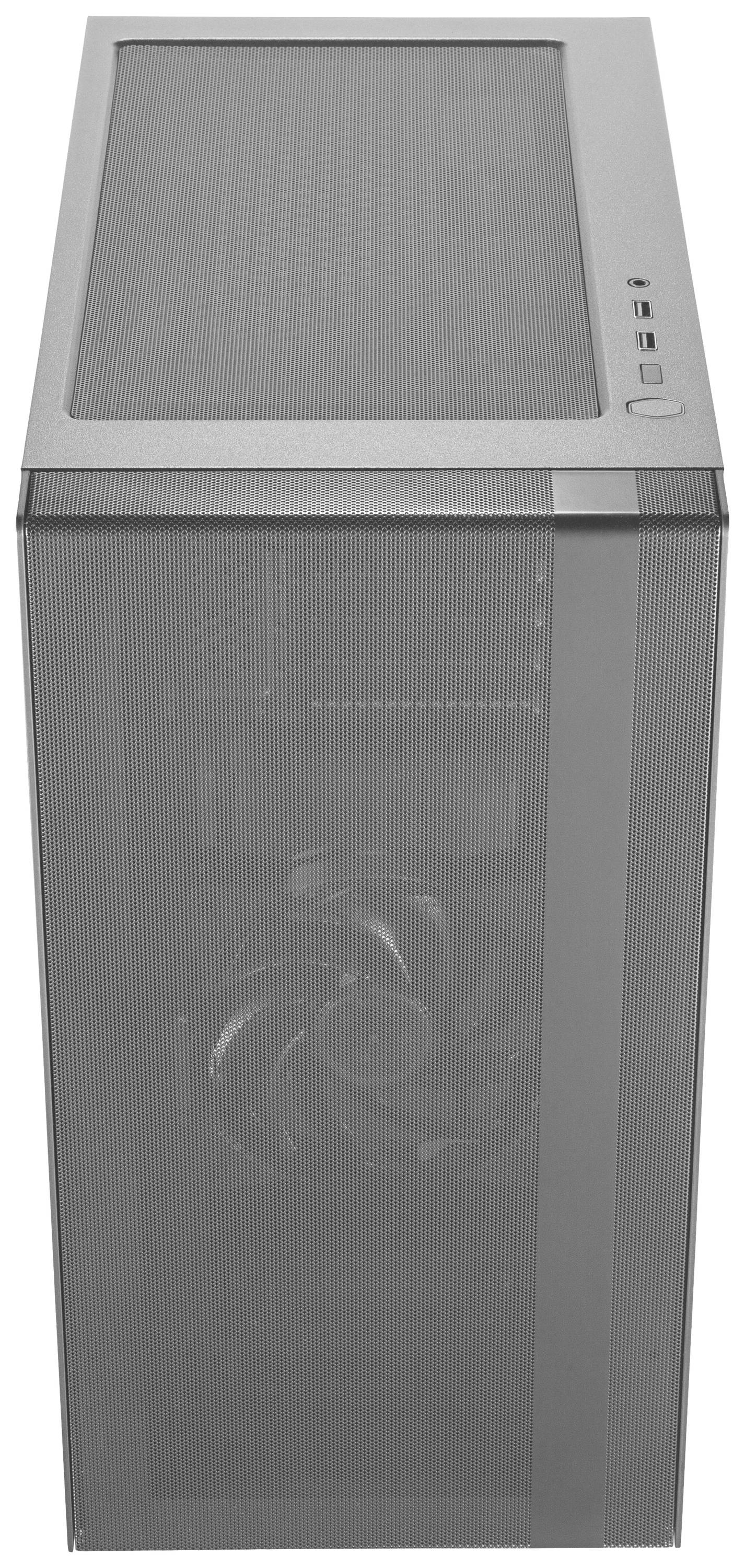 PC-Gehäuse in Silber, Frontansicht mit sichtbarem Lüfter hinter einem Netzdesign. Enthält Bedienelemente oben rechts.