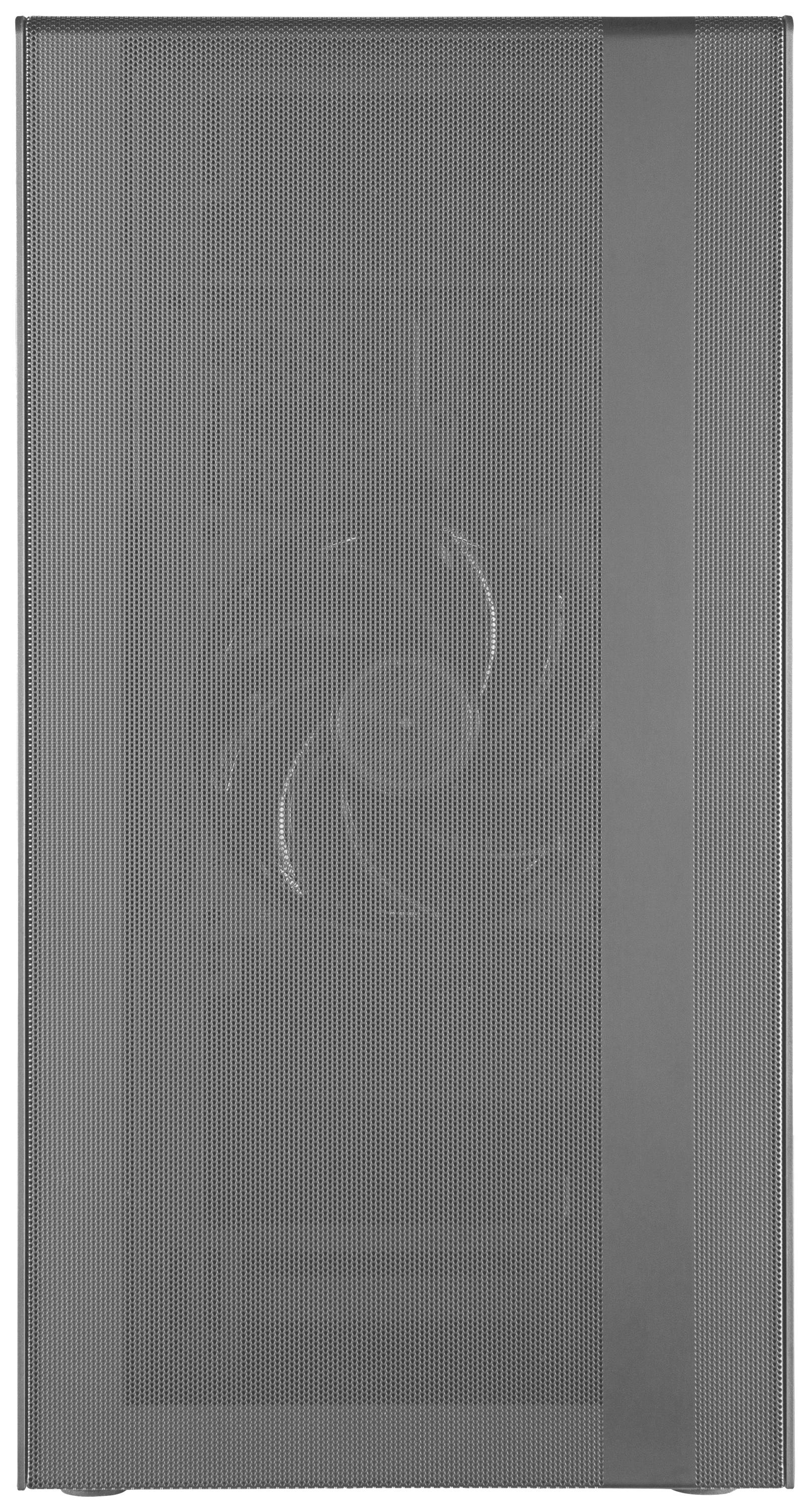 Graue Frontabdeckung eines Computergehäuses mit Gitternetzstruktur und einem dahinter sichtbaren Lüfter.