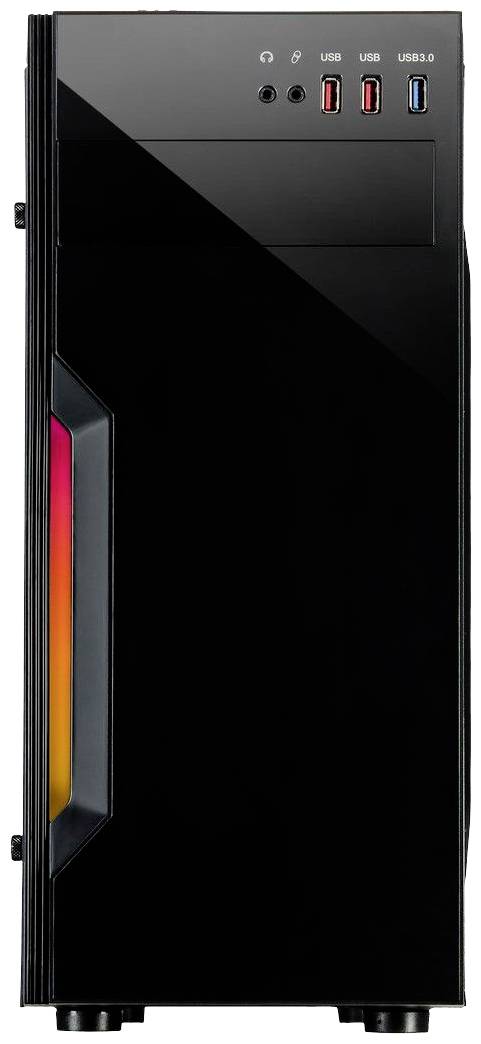 Schwarzes PC-Gehäuse mit schlichter Front, seitlichem RGB-Lichtstreifen und vier USB-Anschlüssen oben.