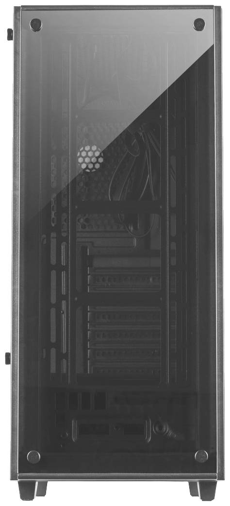 Ein geschlossener Computergehäuse mit transparentem, dunklem Glas zeigt Innenraum mit mehreren Festplatteneinschüben und Lüftergitter.