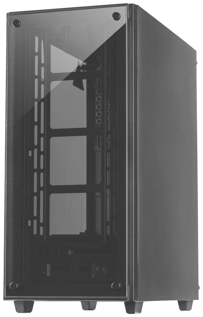 Ein schwarzes Computergehäuse mit transparentem Frontpanel, zeigt interne Befestigungen und Lüftungsschlitze.