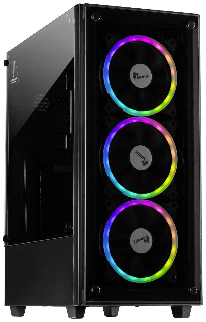 Ein schwarzes PC-Gehäuse mit transparentem Frontpanel zeigt drei Lüfter mit mehrfarbiger LED-Beleuchtung.