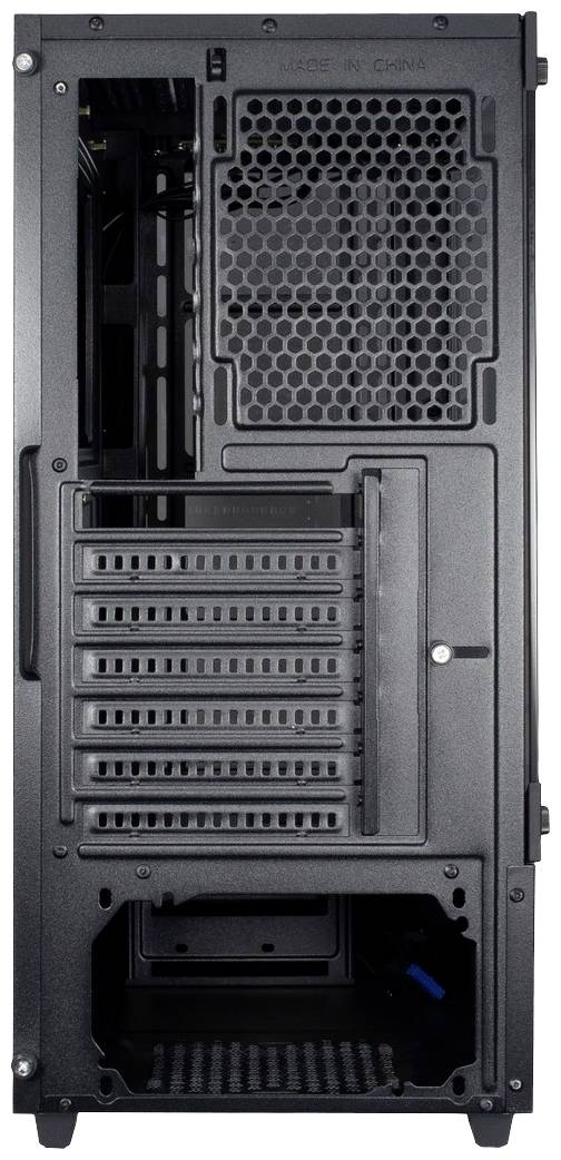 Rückansicht eines Computergehäuses mit mehreren PCI-Steckplätzen, Belüftungsgitter und Netzteilöffnung unten.