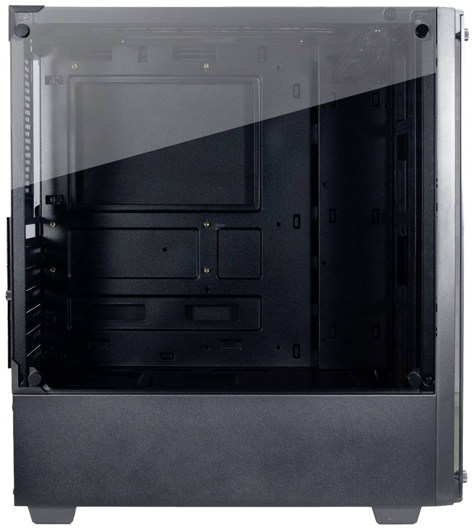 Ein leerer Computer-Gehäuse-Tower mit transparentem Seitenpanel, schwarz. Geeignet zur Aufnahme von PC-Komponenten wie Mainboard und Festplatten.