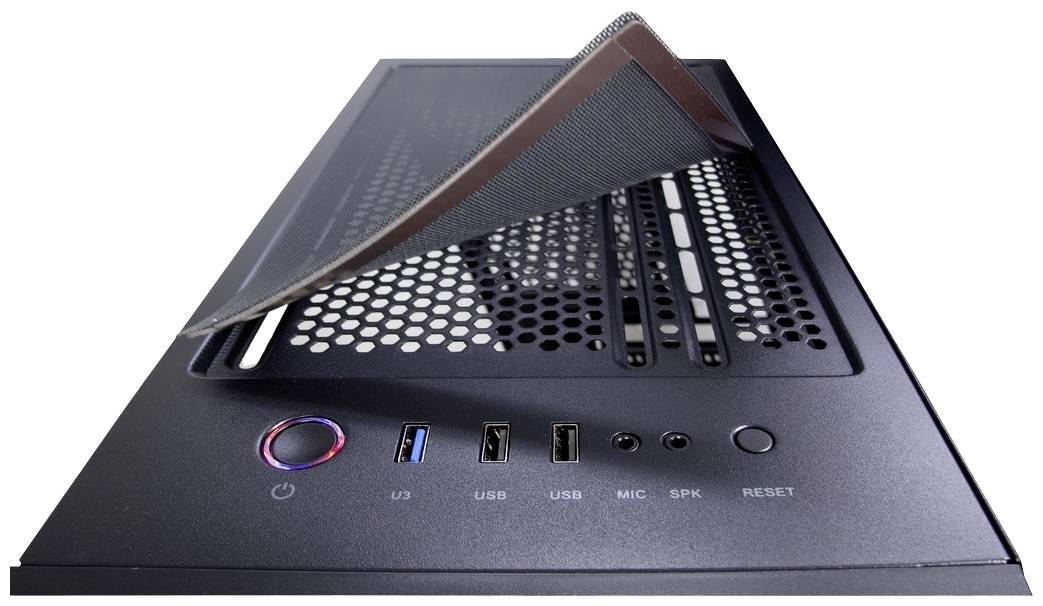 Ein Computergehäuse von oben mit abnehmbarer, gelochter Abdeckung; zeigt Vorderseite mit USB-Anschlüssen, Mikrofon, Lautsprecher und Reset-Knopf.