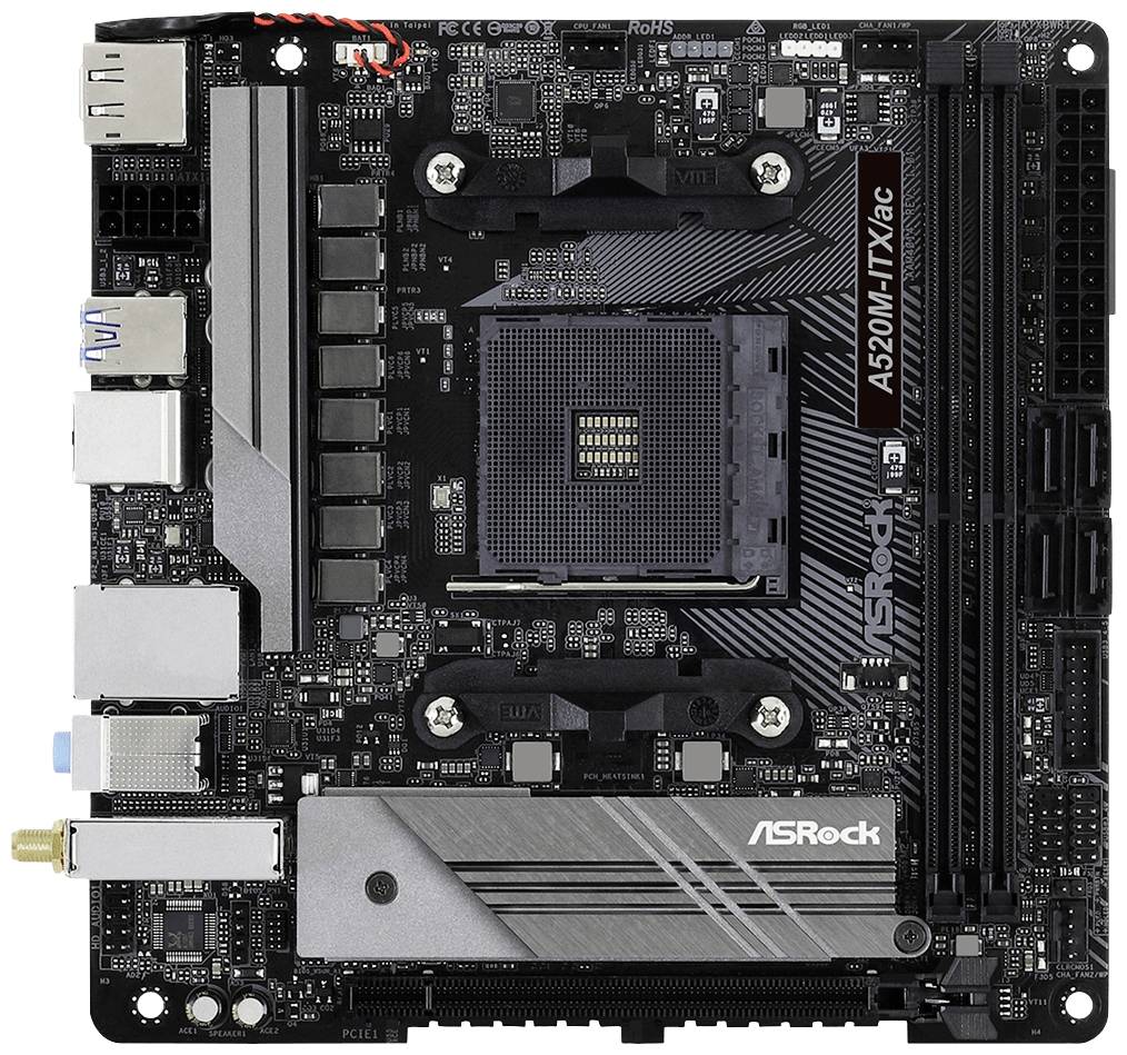 Eine schwarze ASRock A520M-ITX/ac Hauptplatine mit mehreren Anschlüssen für Prozessoren, RAM-Module und andere PC-Komponenten.