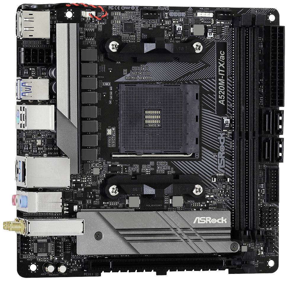 'ASRock A520M-ITX/ac Hauptplatine, Mini-ITX-Format, mit verschiedenen Anschlüssen, geeignet für AMD-Prozessoren.'
