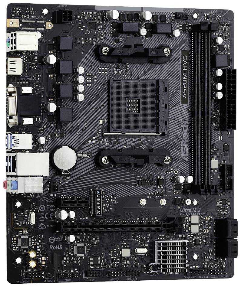 Ein schwarzes Mainboard mit mehreren Steckplätzen und Anschlüssen. Es ist für Computerkomponenten wie RAM und CPU gedacht.