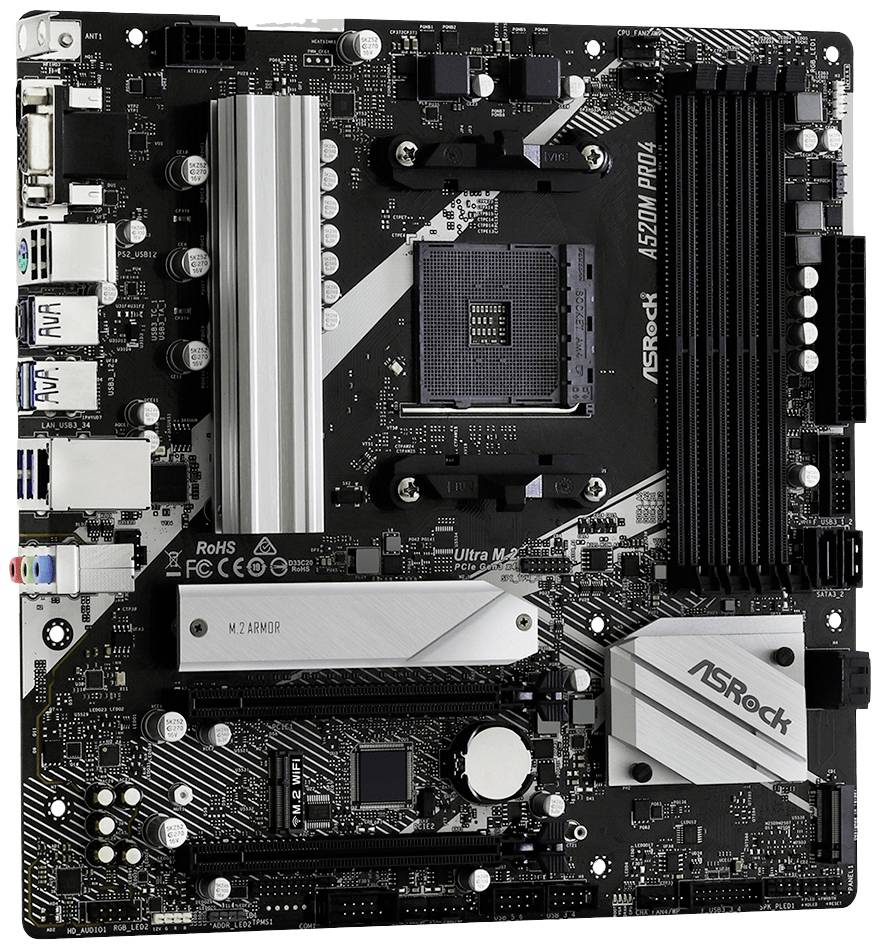 Eine schwarze Hauptplatine mit mehreren Steckplätzen und Anschlüssen, einschließlich PCIe-Steckplatz, RAM-Steckplätzen und CPU-Sockel.