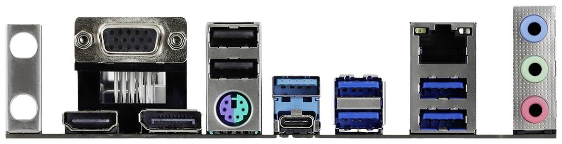 Rückseite eines Computer-Motherboards mit VGA-, USB-, HDMI-Anschlüssen und Audiobuchsen.