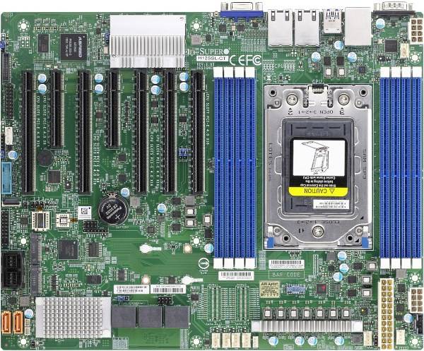 Computer-Mainboard mit mehreren PCIe-Steckplätzen, RAM-Slots und einem CPU-Sockel. Essentiell für den Aufbau eines Computersystems.