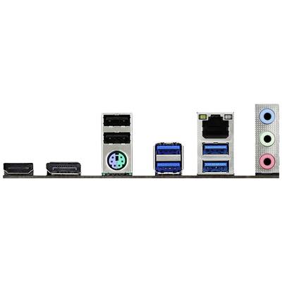 Rückseite eines Computer-Motherboards mit verschiedenen Anschlüssen: HDMI, USB, LAN und Audioanschlüsse.