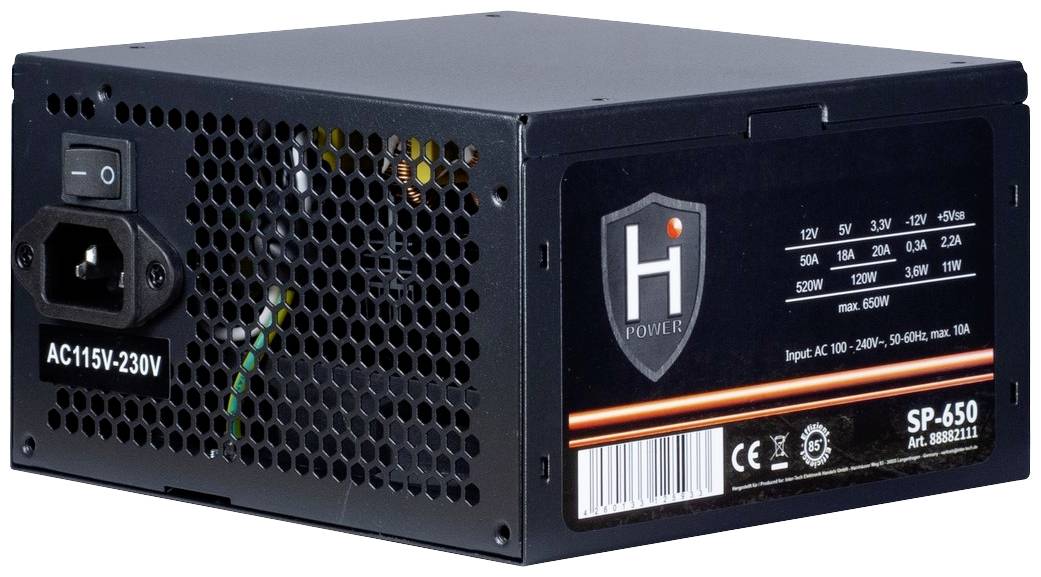 Schwarzes Computer-Netzteil mit Belüftungsgitter, Kippschalter, Stromkabelanschluss und Leistungsetikett an der Seite.