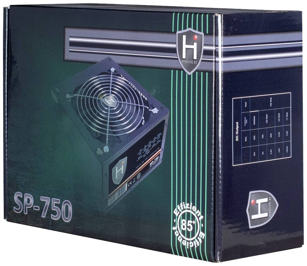 'Verpackung eines Hi Power SP-750 PC-Netzteils mit 85% Effizienz. Abbildung des Produkts auf der Vorderseite, Spezifikationen rechts.'