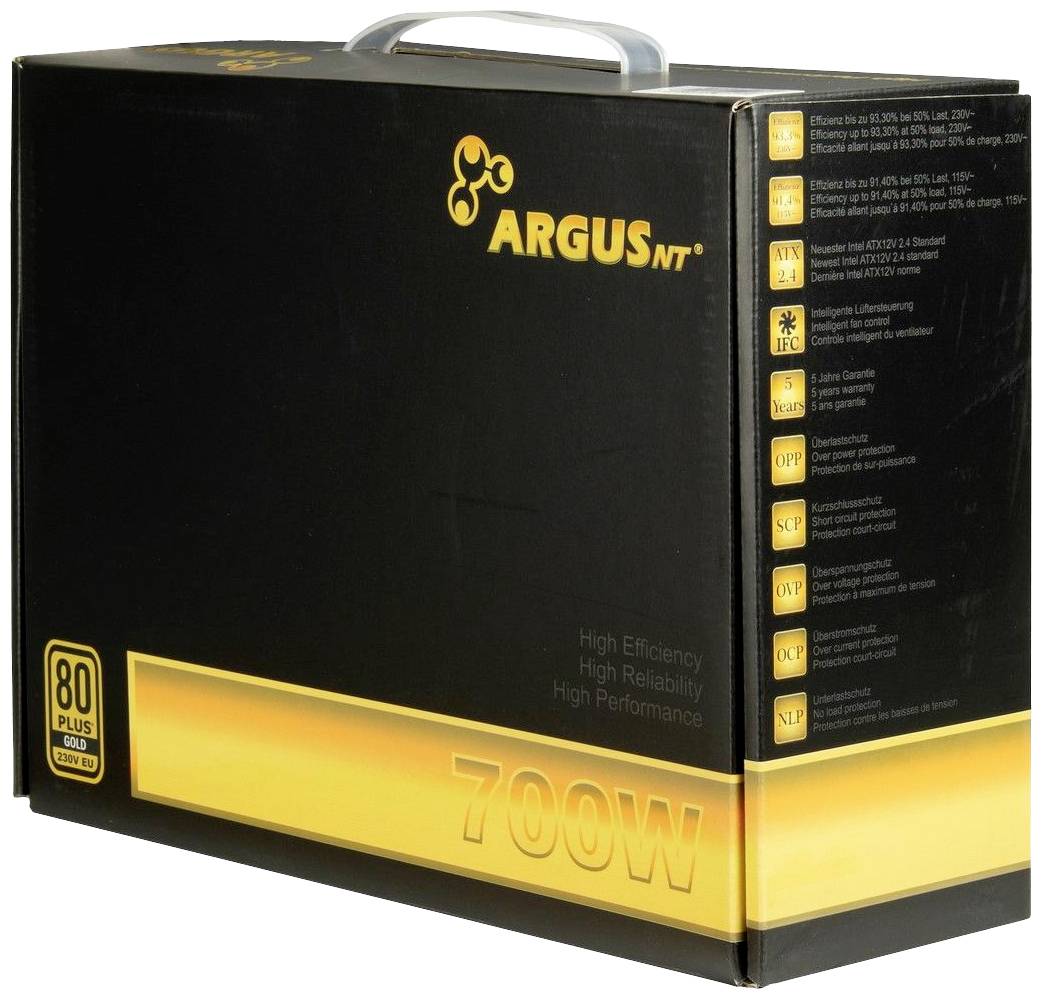 Schwarzes und gelbes Computernetzteil mit 700W Leistung, mit Infos zu Effizienz und Zuverlässigkeit auf der Verpackung.