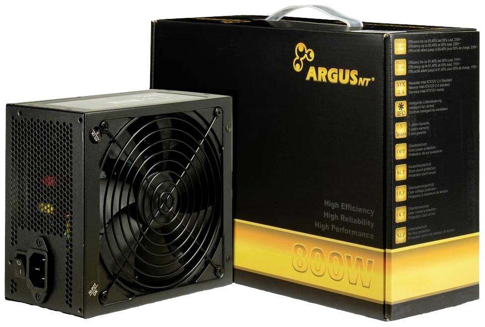 Netzteil und Verpackung von Argus MT, Modell 800W. Hebel auf der Verpackung zeigt hohe Effizienz und Zuverlässigkeit an.
