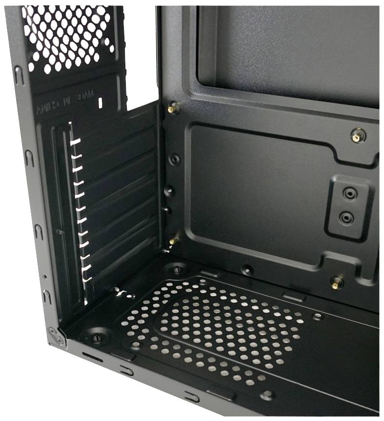 Metallisches Computergehäuse-Inneres mit Lüftungsschlitzen, Schraubenlöchern und mehreren Einschüben für Erweiterungskarten sichtbar.