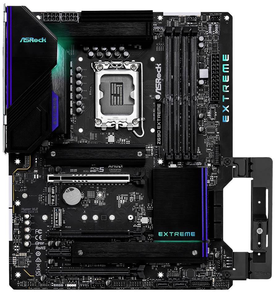 Mainboard von ASRock, Modell Z690 Extreme. Zeigt diverse Anschlüsse und Steckplätze für Prozessor, RAM und Erweiterungskarten.