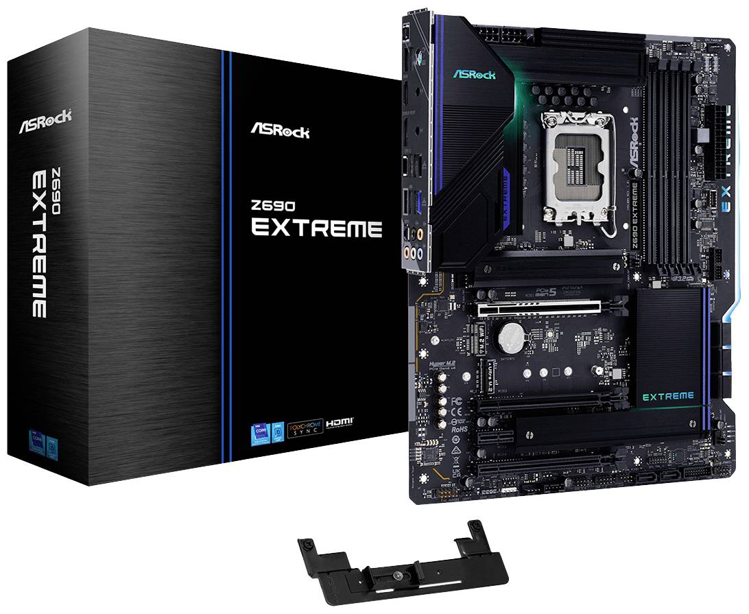 ASRock Z690 Extreme Mainboard neben Verpackung, zeigt Anschlüsse und Layout für leistungsstarke Anwendungen.