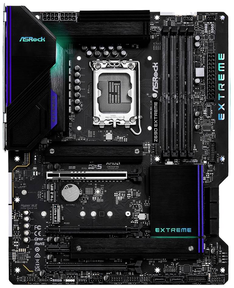 Eine ASRock Z690 Extreme ATX-Mainboard zeigt verschiedene Steckplätze und Anschlüsse, geeignet für den Zusammenbau eines Gaming-PCs.