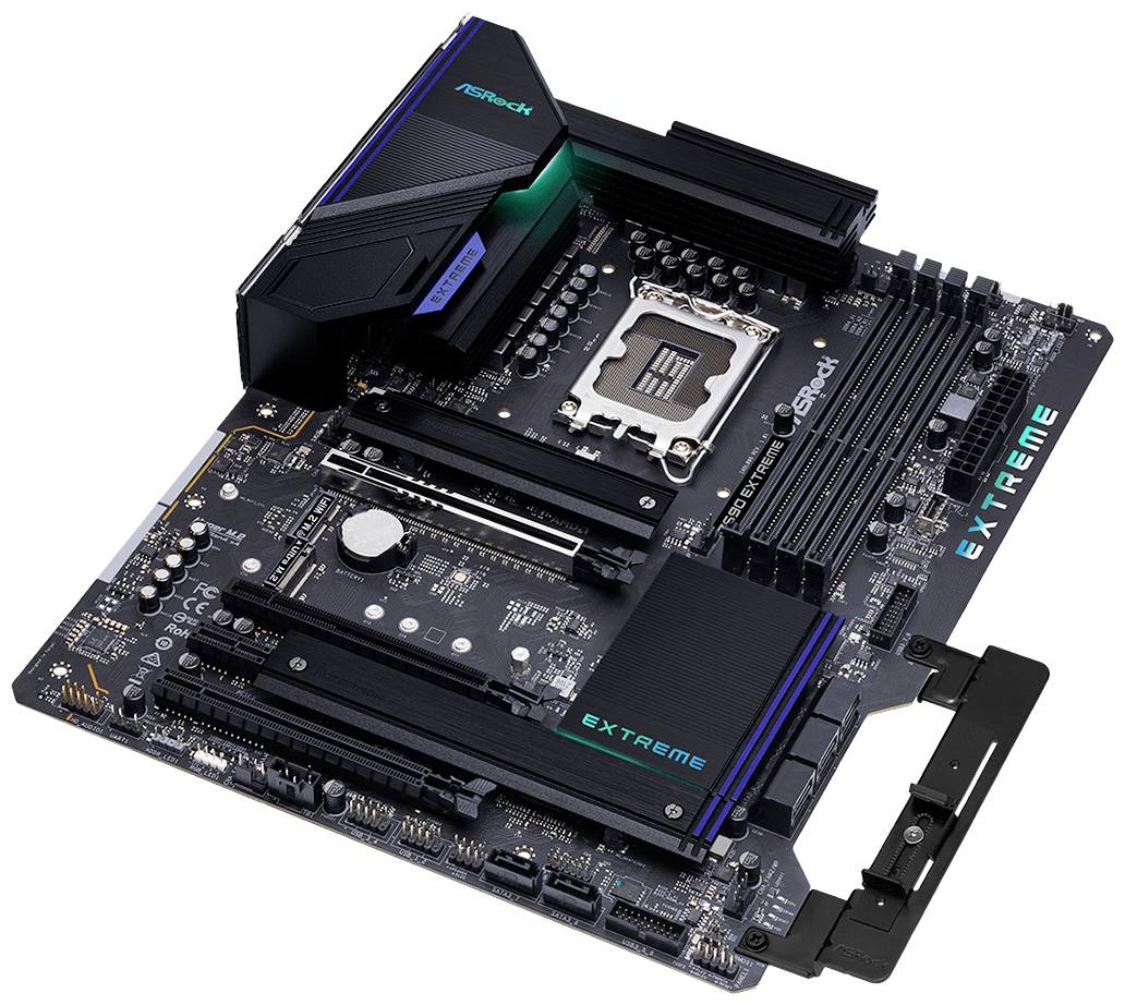 Ein Computer-Motherboard mit mehreren Steckplätzen und Anschlüssen, markiert mit 'EXTREME'. Deutlich sichtbar ist der CPU-Sockel.