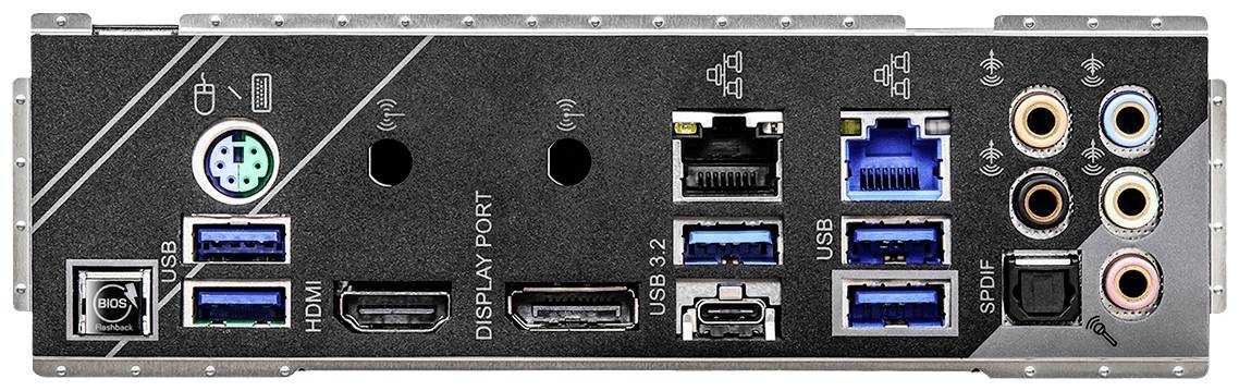 'Rückseite eines Computer-Motherboards mit Anschlüssen: PS/2, USB, HDMI, DisplayPort, Ethernet, Audio- und SPDIF-Anschlüsse.'