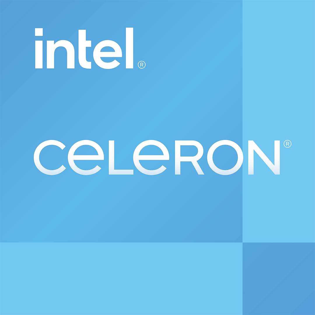 'Intel Celeron' Logo auf blauem Hintergrund.