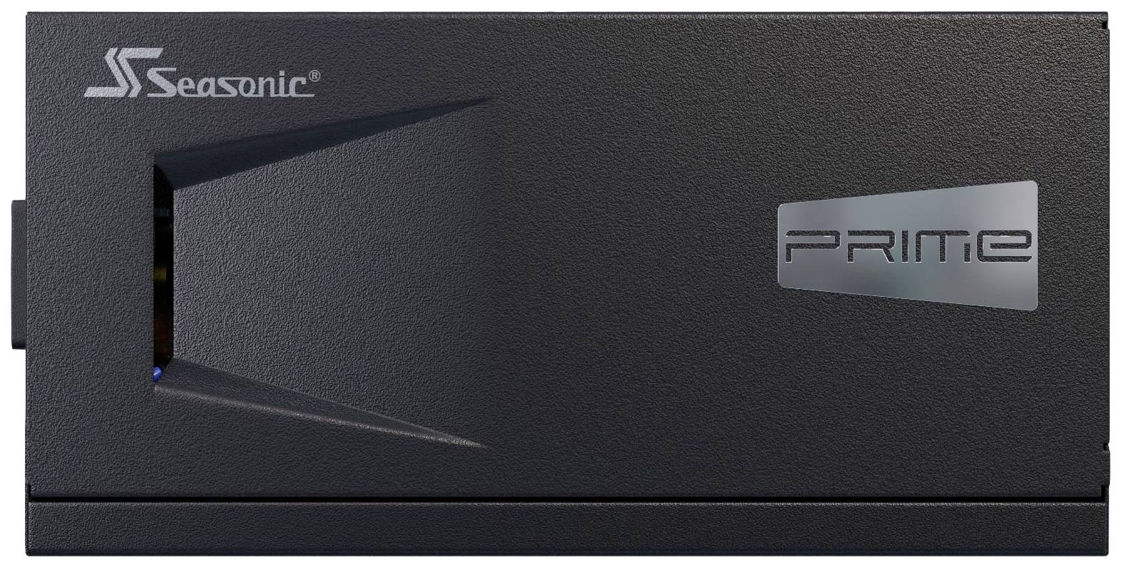 Schwarzes Seasonic PC-Netzteil mit 'Prime'-Logo rechts. Subtile geometrische Gestaltung links.