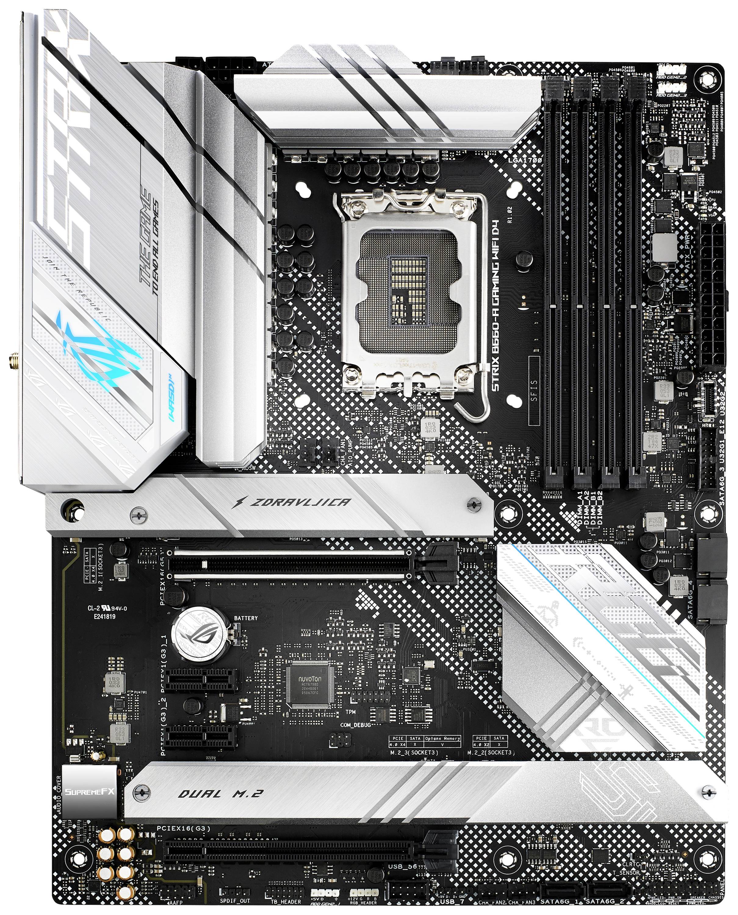 Ein Computer-Motherboard mit mehreren PCIe-Slots, RAM-Steckplätzen und zwei M.2-Steckplätzen für Speichermodule.