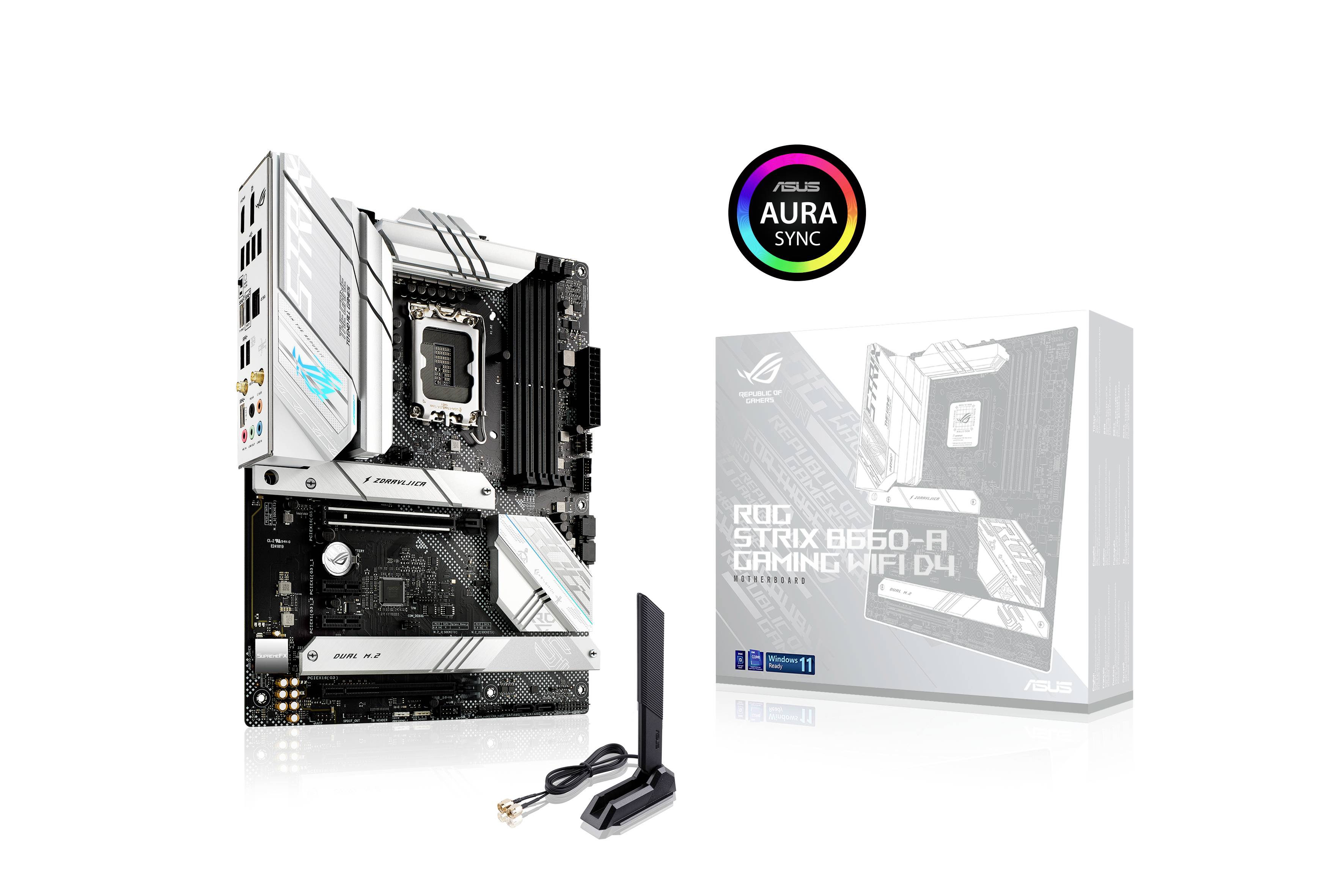 'ASUS ROG STRIX B660-A GAMING WIFI D4'-Motherboard mit WiFi-Antenne und Verpackung. Unterstützt ASUS AURA SYNC für RGB-Beleuchtung.