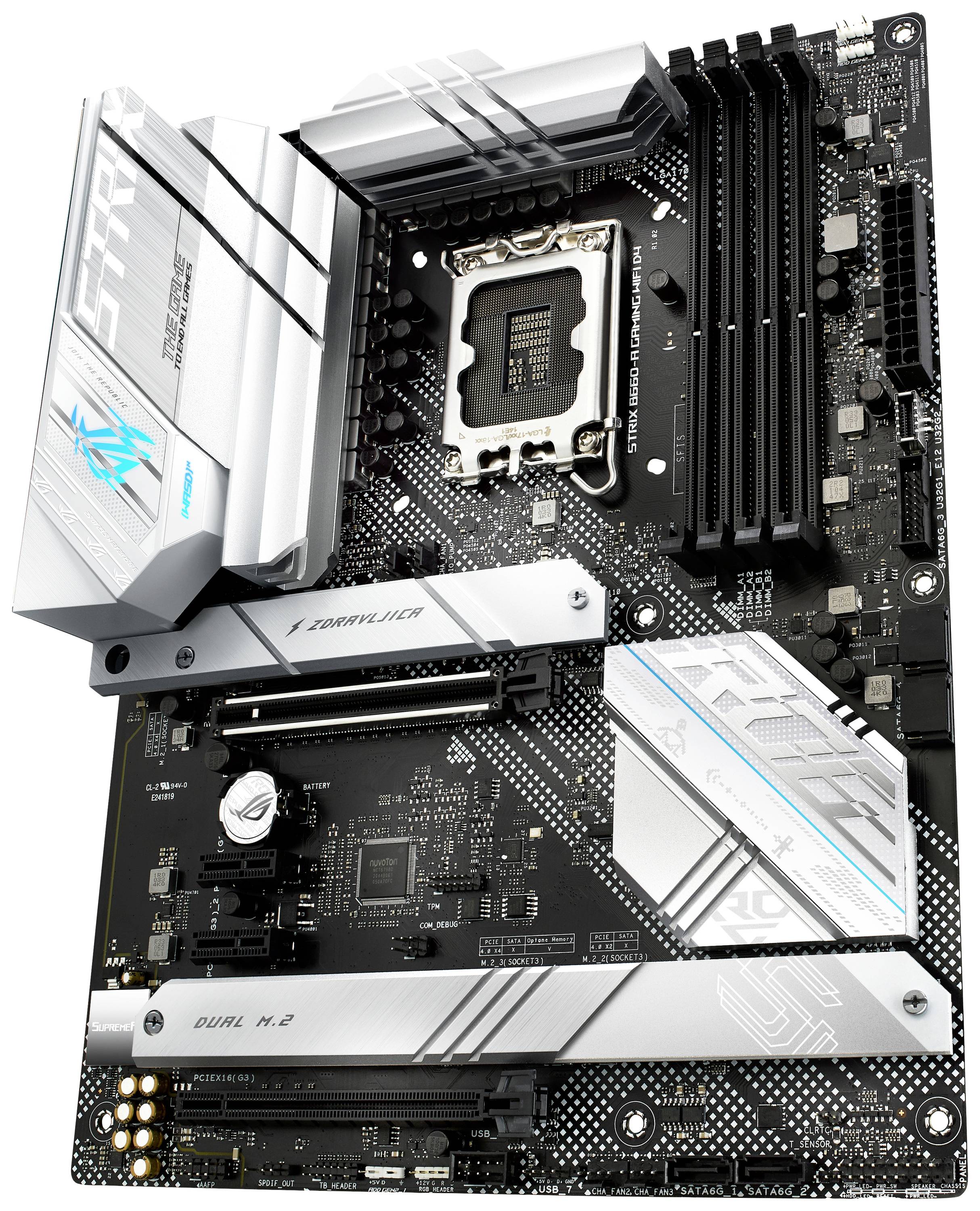 Ein Motherboard mit silbernem Kühlkörperdesign und mehreren RAM-Steckplätzen. Enthält Dual M.2-Steckplätze für erweiterte Speicherung.