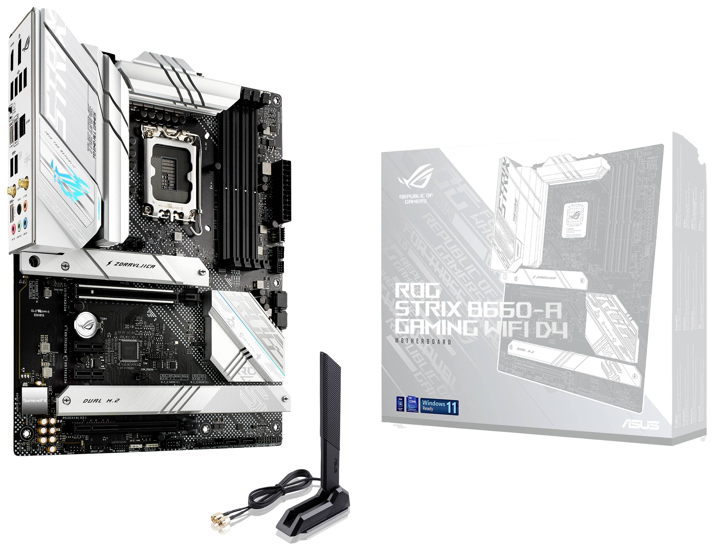 Hauptplatine ASUS ROG STRIX B660-A GAMING WIFI D4 mit silber-schwarzem Design, neben der Verpackung und einer Antenne.
