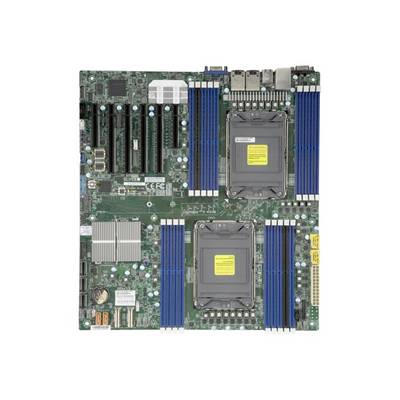 'Server-Mainboard mit zwei CPU-Sockeln, acht blauen RAM-Steckplätzen, mehreren PCIe-Slots und verschiedenen Anschlüssen.'