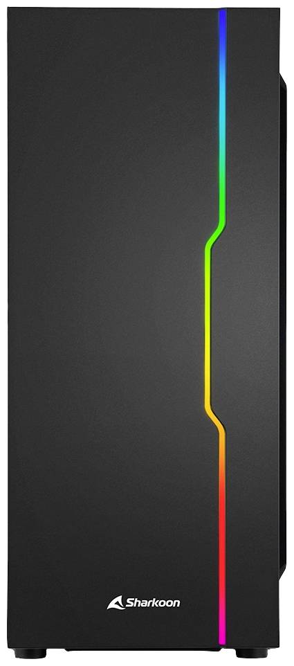 Schwarzes Computergehäuse von Sharkoon, frontal abgebildet, mit einem vertikalen, mehrfarbigen LED-Streifen auf der linken Seite.