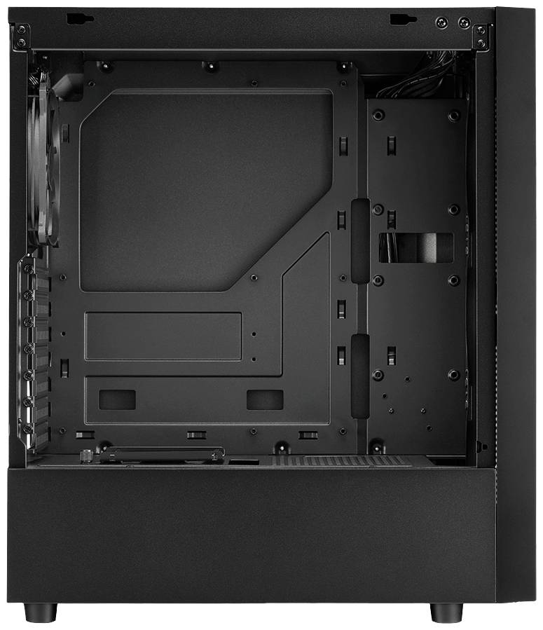 Schwarzes PC-Gehäuse ohne Komponenten, zeigt Innenaufbau mit Montageplätzen für Hauptplatine, Kabelmanagement und Lüfter.