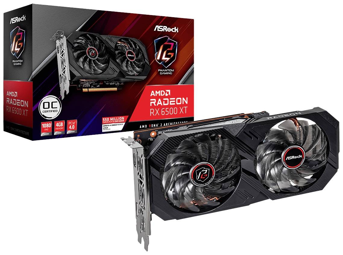 Eine ASRock Radeon RX 6500 XT Grafikkarte mit zwei Lüftern. Im Hintergrund ist die zugehörige Verpackung abgebildet.